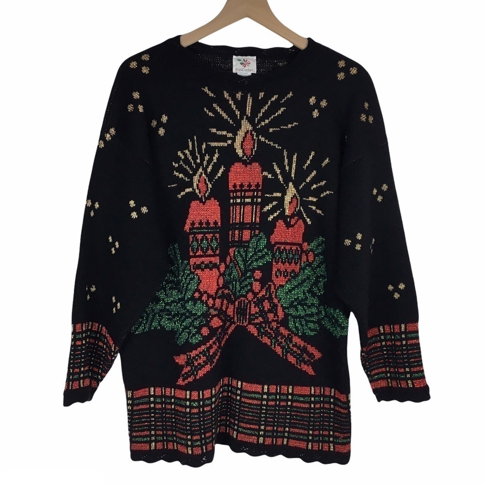 VINTAGE Christmas Sweater Candles Metallic Plaid Ugly Party Nutcracker Medium